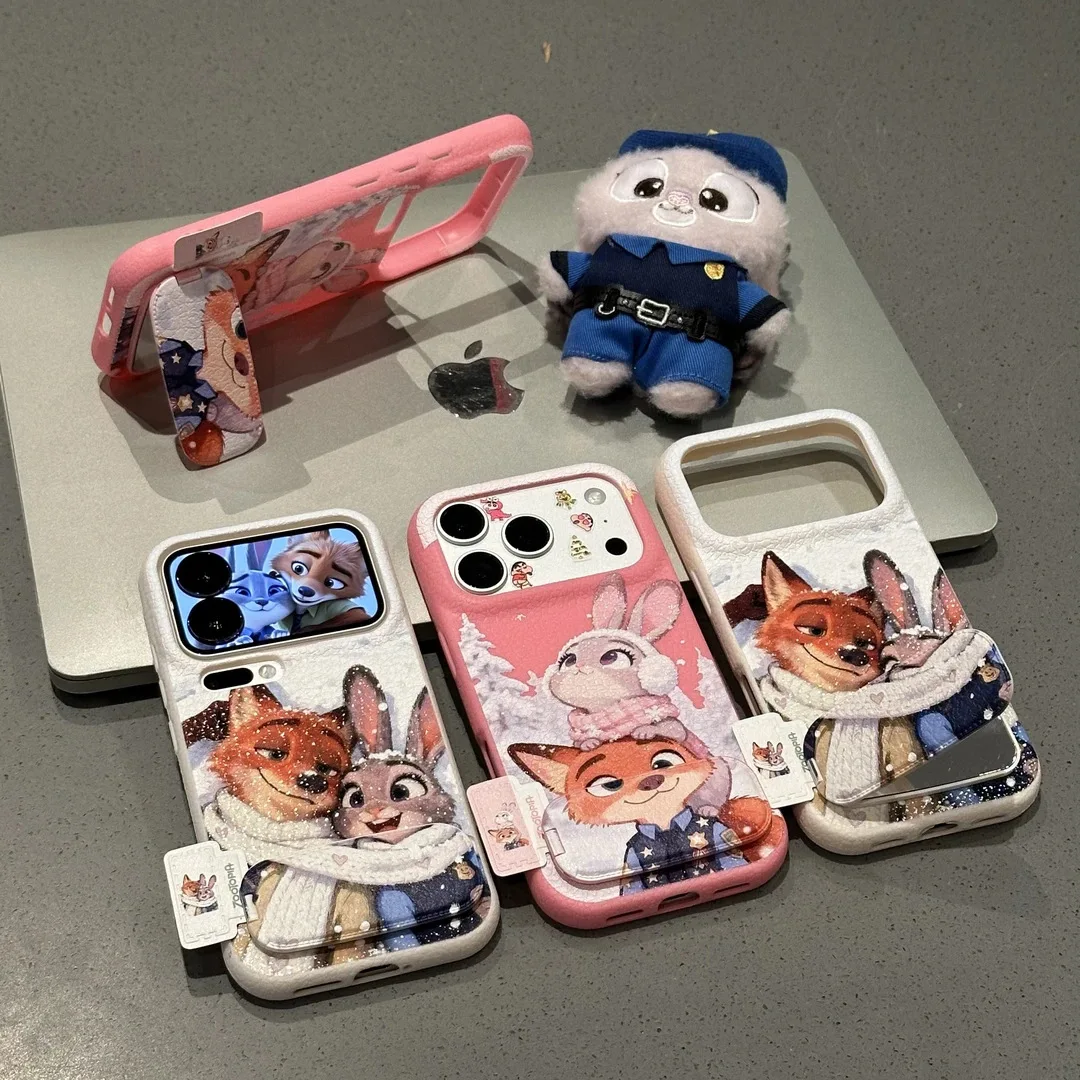 Kawaii جديد ل Zootopia 2 جراب هاتف آيفون 17 17 برو 17 برو ماكس زوجين حافظة هاتف مقاومة للصدمات مع حامل ومرآة عيد الميلاد #4