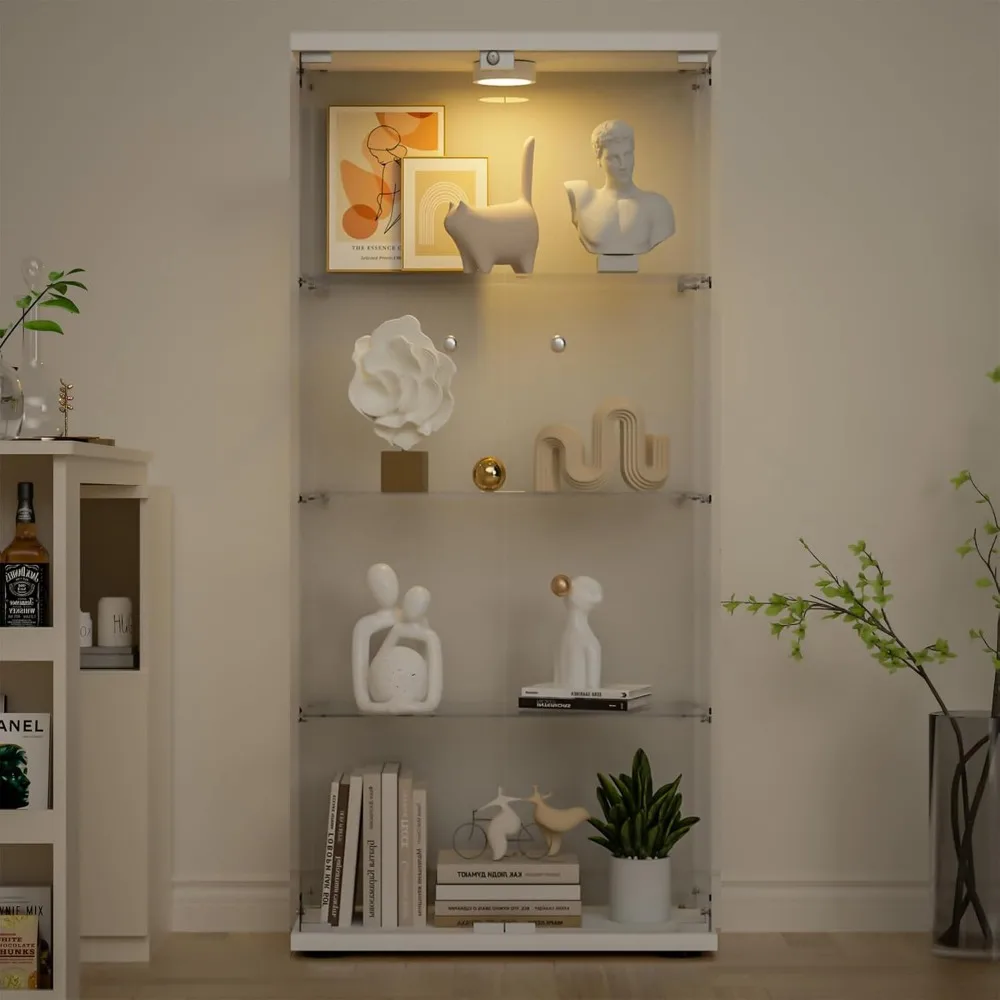 LED Illuminated Lockable 4-Shelf 2-Door Glass Display Cabinet with Tempered Glass Floors