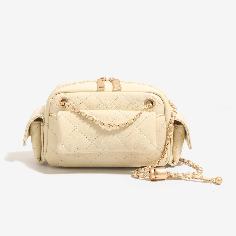 

Oil wax leather small fragrant wind diamond grid chain pocket bag, new fashionable motorcycle bag, women's single shoulder cross