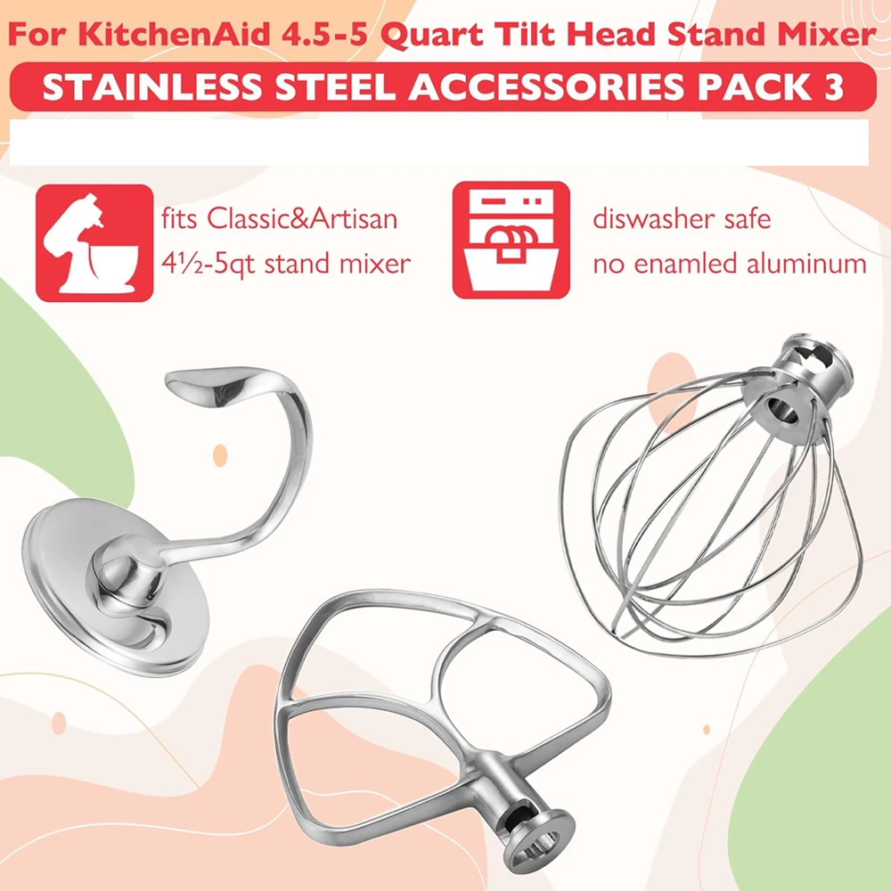 Stainless Steel Accessories for KitchenAid 4.5-5 Qt Tilt Head Stand Mixer, Includes 6 Wire Whisk, Flat Beater, Dough Hook - view 2
