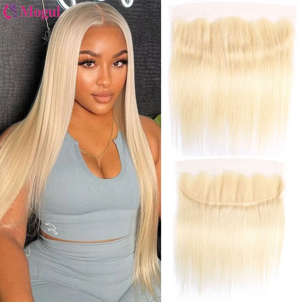 613 Blond Echt haar 13x4 Kant Frontale Sluiting Voorgeplukt Transparant Kant Frontaal Natuurlijke haarlijn 10-18 inch 613 Sluiting