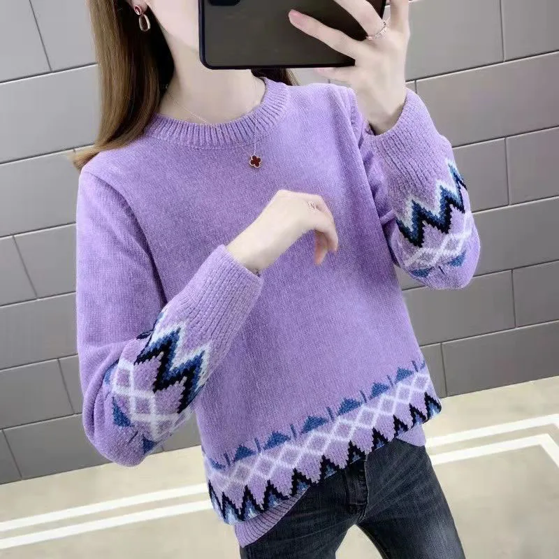 New Autumn/Winter Fashion Trend Thread Jacquard Round Neck Plush Loose Versatile Commuter Women\'s Knitted Long Sleeve Sweater