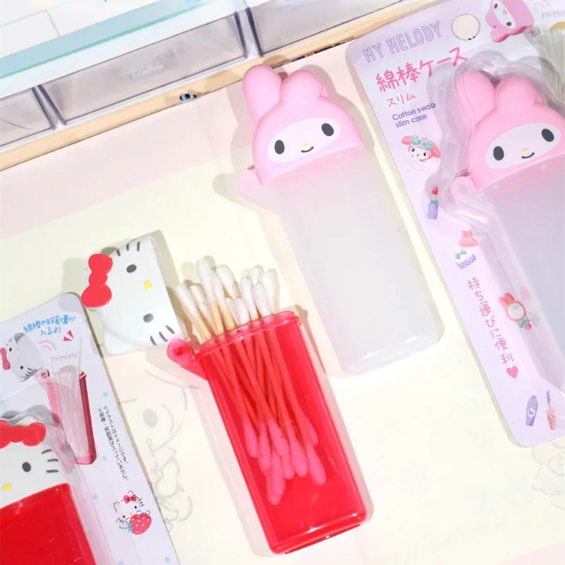 Original Hello Kitty Melody Cotton Swab Box Toothpick Cosmetic Toothpick Storage Box Portable Travel Mini Organizer Girls Gifts