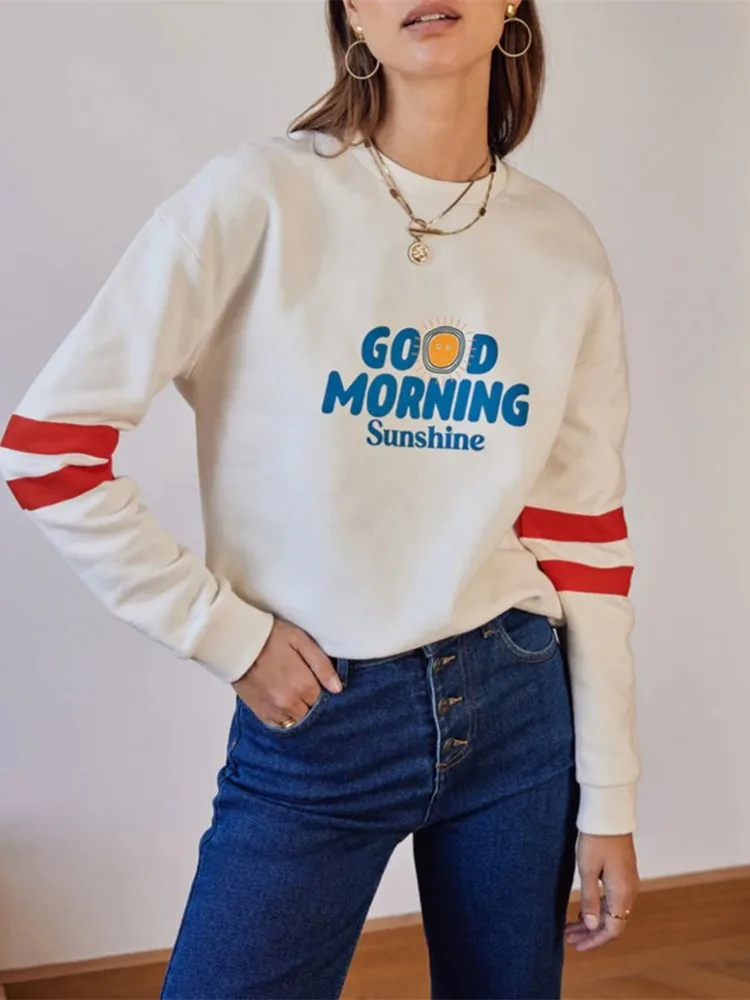 

Letter Print Sweatshirt Women Autumn 2023 New Vintage Sweatshirts Female Round Neck Long Sleeves Retro Cotton Pullover Elegant