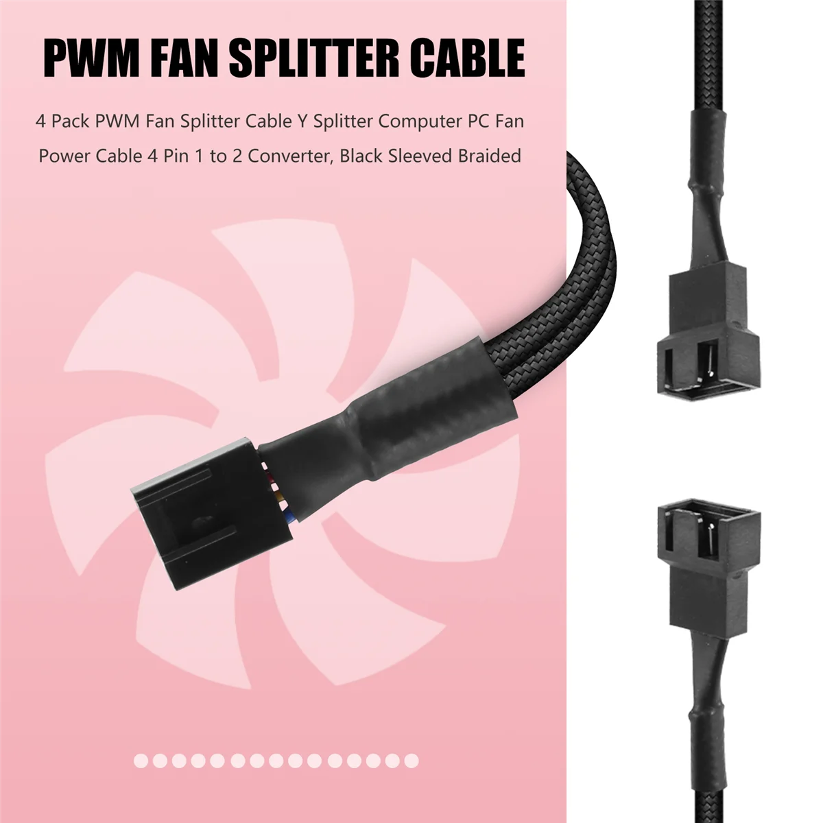 4 แพ็คพัดลม PWM สายแยก Y Splitter คอมพิวเตอร์ PC พัดลมสายไฟ 4 ขา 1 ถึง 2 Converter, แขนยาวสีดําถัก