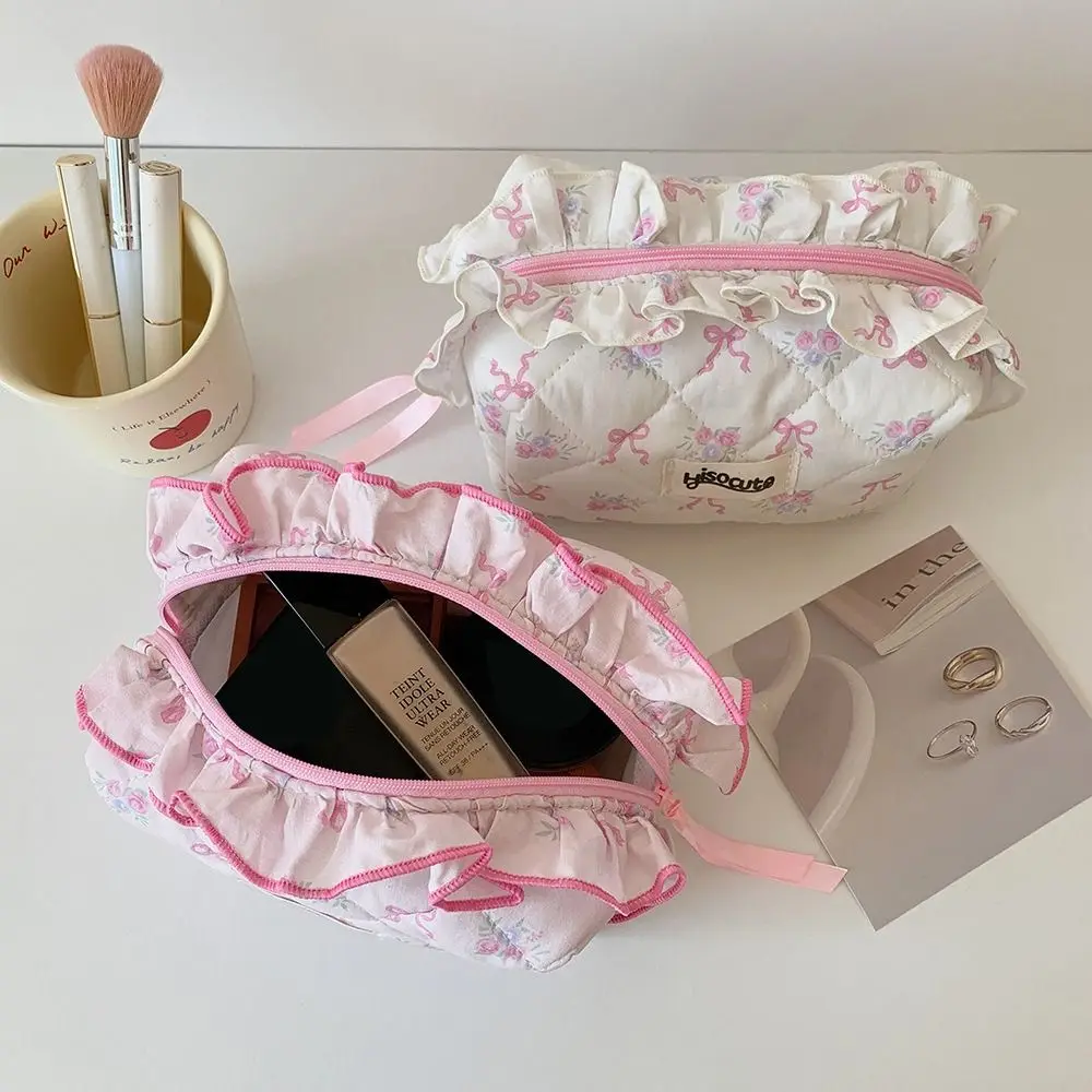 Sweet Lace Bow Cosmetic Bag Makeup Organizer Multi-function Pen Bag Large Capacity Zipper Ruffles Pencil Case Women