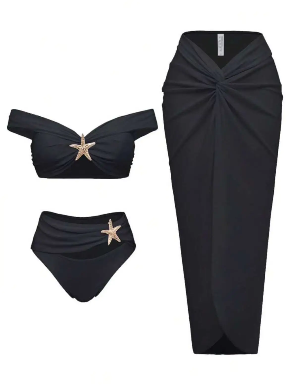 Women's Sexy Bikini Set Beachwear Metal Star Pattern Bikini Pleated Long Skirt Three Piece Set Hot Girls Vacation Style Swimsuit