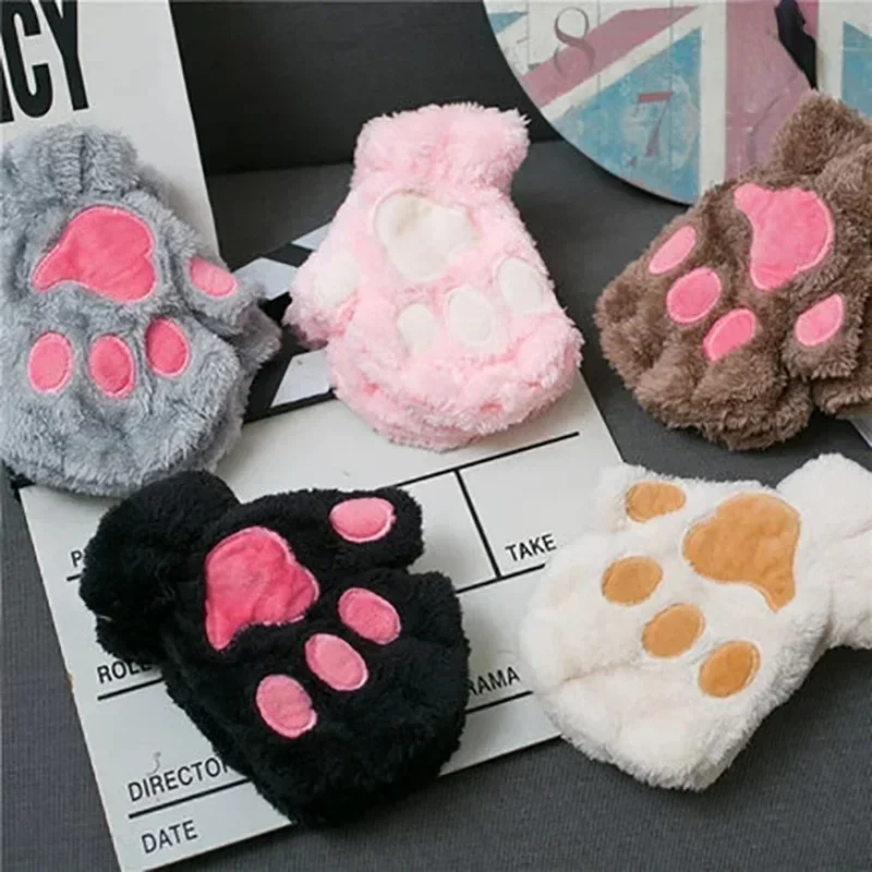 Cute Plush Cat Paw Fingerless Gloves Plush Fingerless Panda Gloves Warm Soft Half Finger Women's Winter Christmas Gift