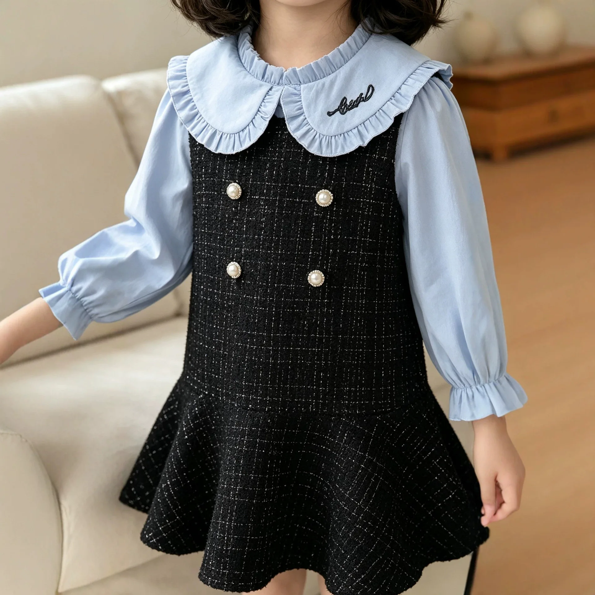Spring New Girls Dress Preppy School‑Inspired Fake Two‑Piece Design Fashion Long‑Sleeve Casual Dress for Medium & Little Kids