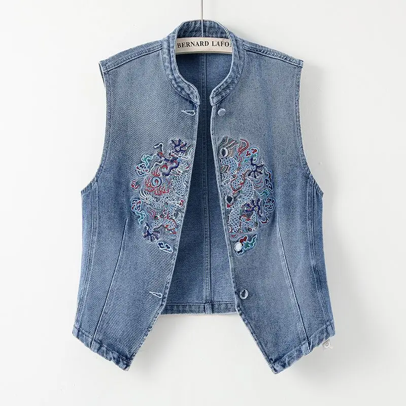 Women Fashion Front Button Denim Waistcoat Vintage V Neck Sleeveless 2024 New Outerwear Chic Vest Tops Versatile YC112