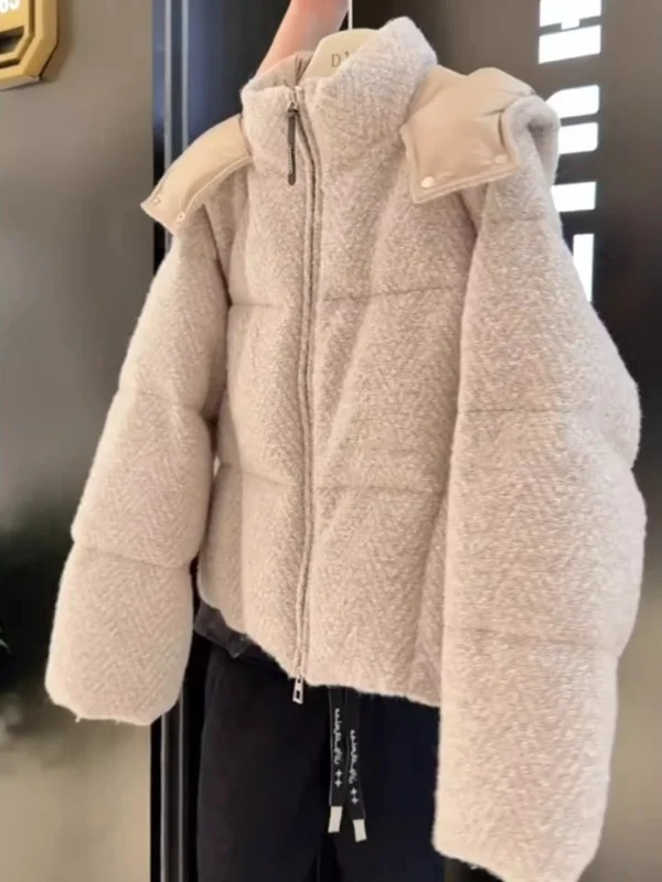 Korean Style Short Hooded Women's Jacket Warm Cotton Coat Light Beige Winter Outerwear Sweet Loose Fit Zipper Closure