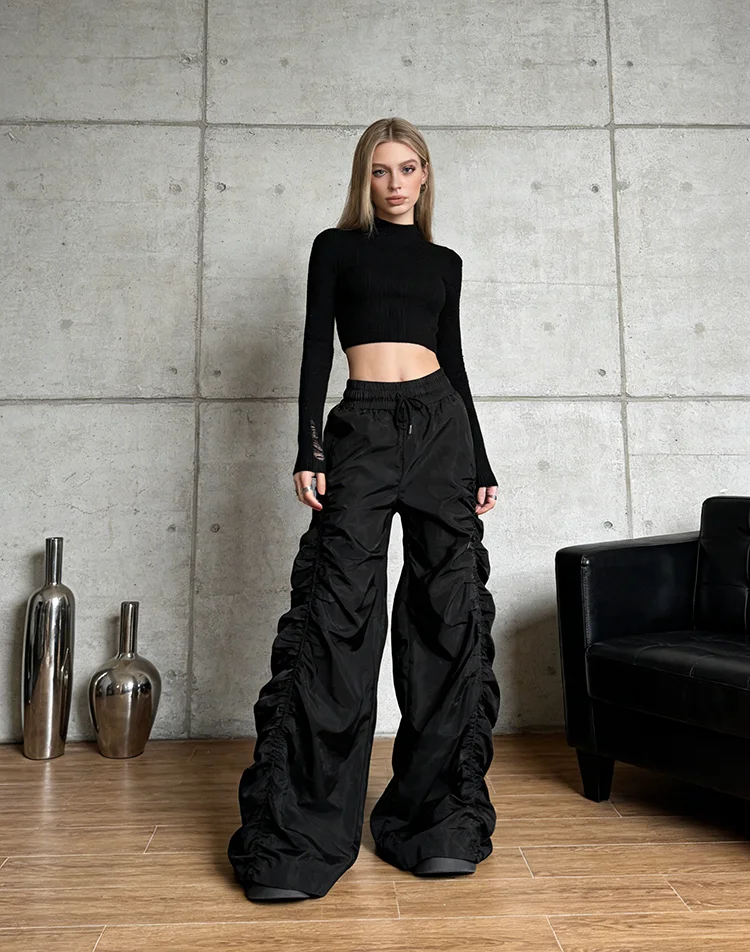 

Pants Women High Waisted Trousers Stylish Shirring Casual Vintage Leisure Drawstrings Wide Leg American Style Solid Elastic Lady