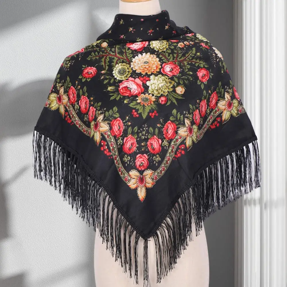 Women Fringed Shawl Ethic Style Floral Print Shawl Fringed Elegant Middle-Aged Elderly Women Square Blanket Scarf Neck Wrap