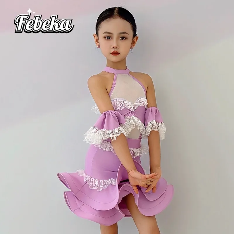 Robe de danse latine personnalisée pour filles, jupe d'entraînement, costume de performance de compétition pour enfants, robe fendue, ensemble 2 pièces