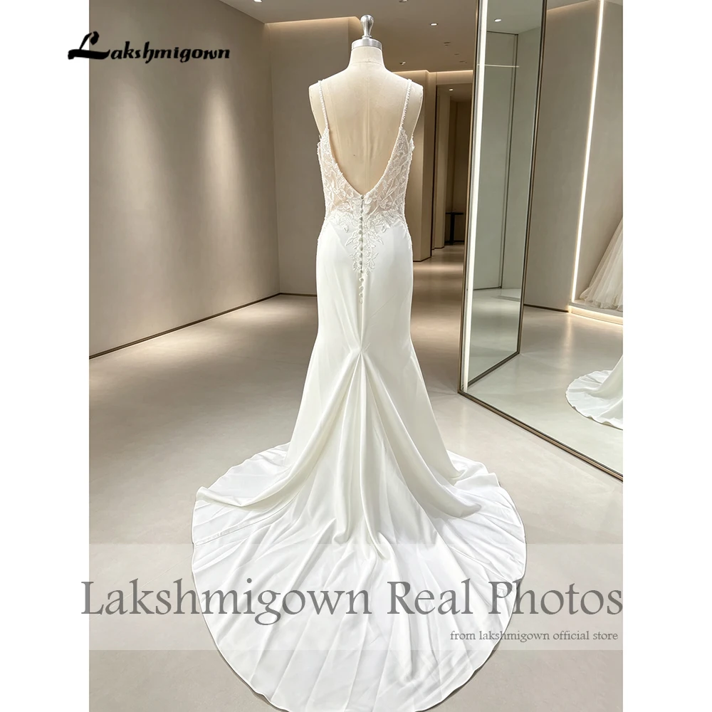 Lakshmigown Sexy V-Ausschnitt Spaghettiträger Meerjungfrauen-Hochzeitskleider Echte Fotos Spitzenapplikationen Weicher Satin Brautkleider Nach Maß – Detail 6