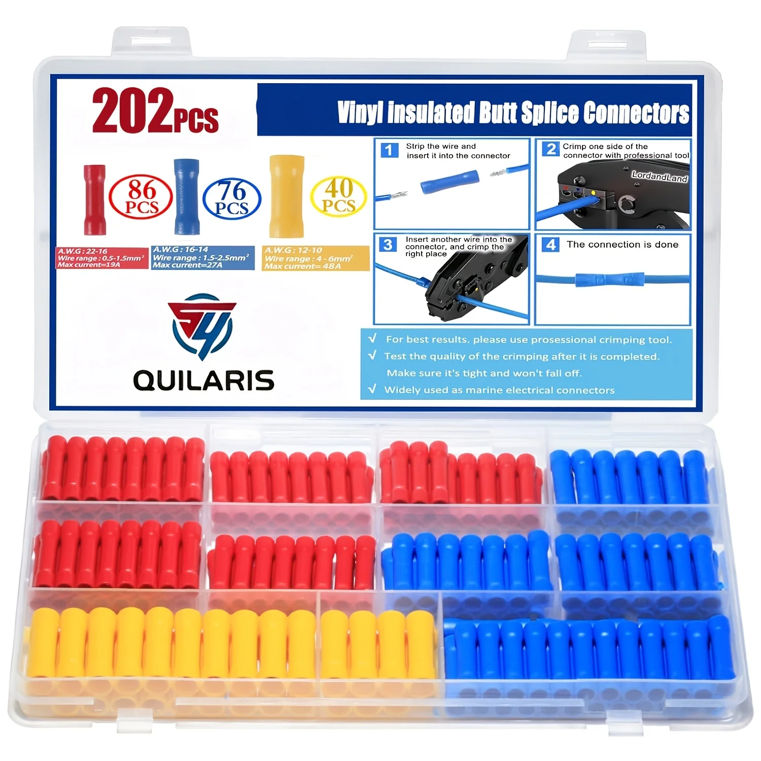 202 PCS Cable Connector Kit, 22-10 AWG Electrical Crimp Terminal Connector Kit, Suitable For Full Insulation Straight Crimp Terminals For 22, 20, 18, 16, 14, 12, And 10 Gauge Wires