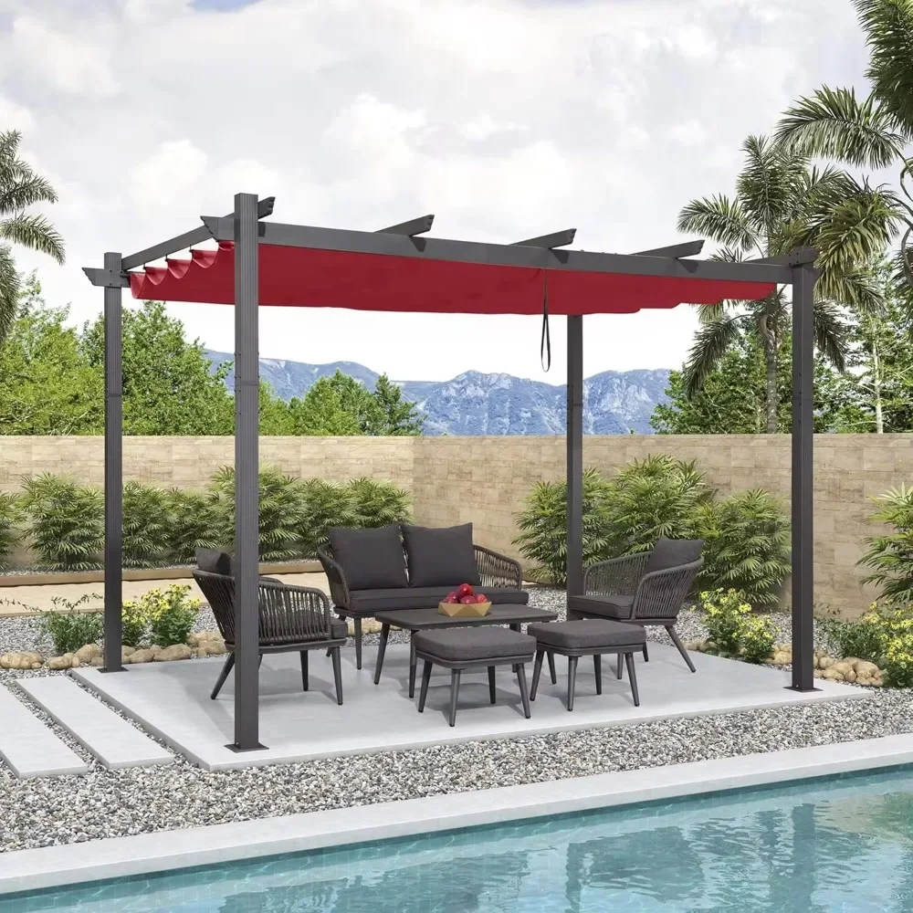 10' X 12' Outdoor Retractable Pergola with Sun Shade Canopy Patio Metal Shelter for Garden Porch Beach Pavilion