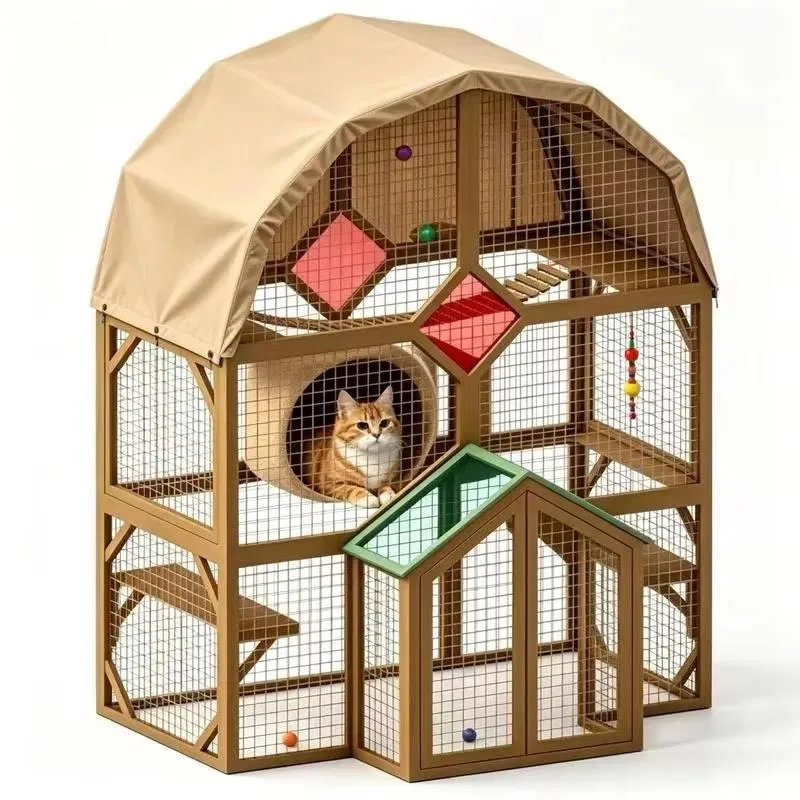 Large Capacity Wooden Multi Storey Cat House with Interactive Toys for Indoor Entertainment and Rest