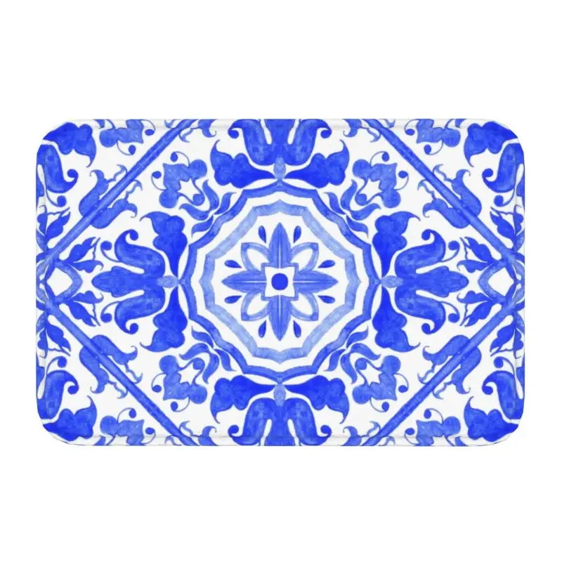 Portuguese Azulejo Tiles Front Door Mat Outdoor Waterproof Blue Delft Porcelain Doormat Garden Garage Entrance Rug Carpet