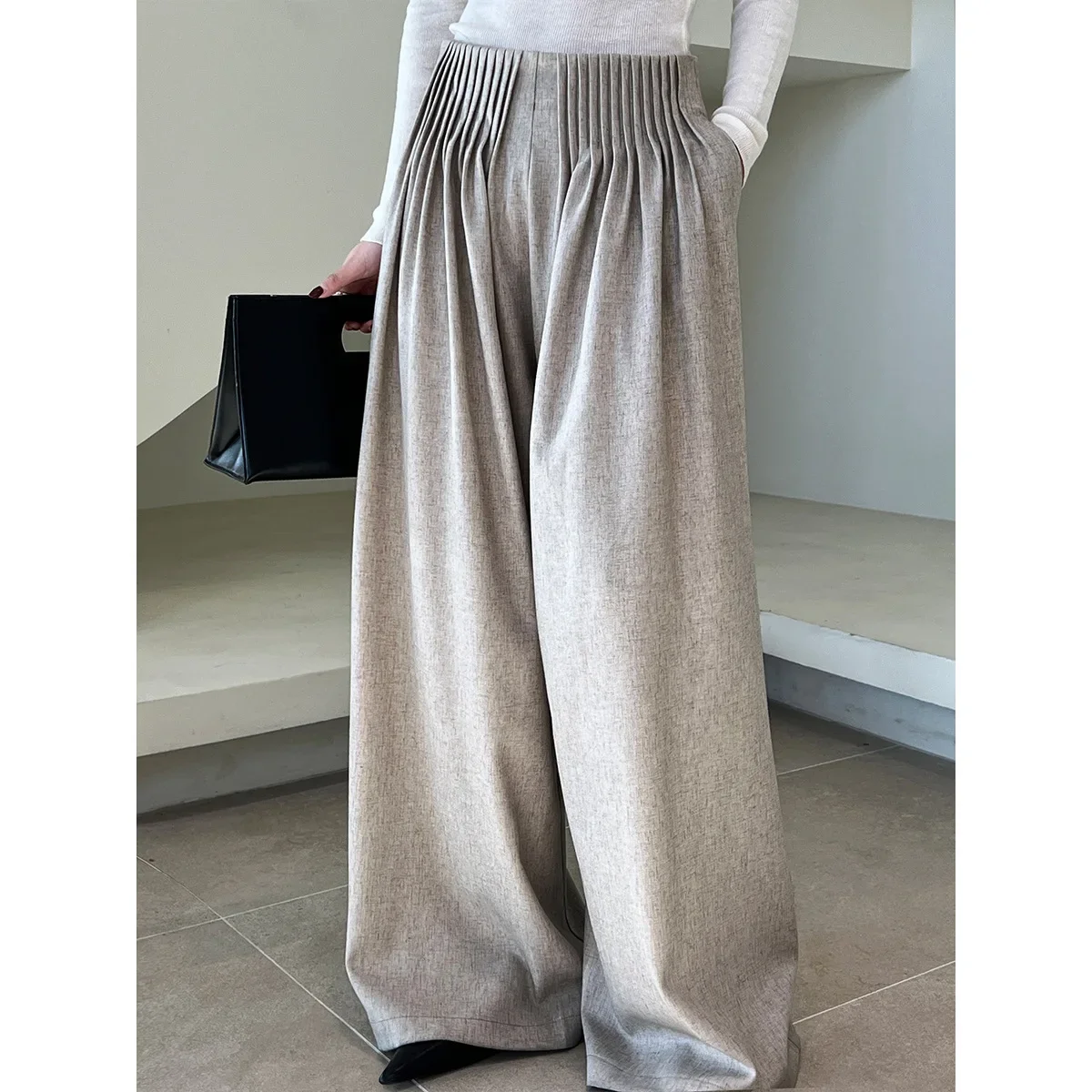 Women Clothing Fashion Casual Design Sense Pleated Suit Pants 2024 Autumn New Girls Solid Color Simple High Waist Wide Leg Pants