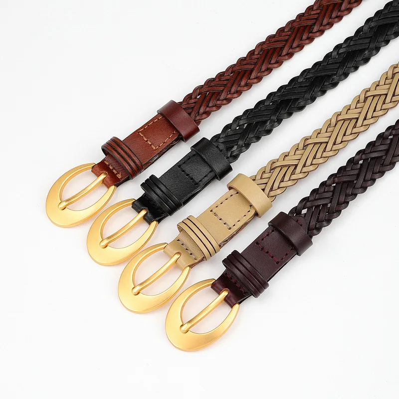 2cm Women's Handmade Woven Belts,Retro Woman Gold Buckle Braided Belt Simple Versatile Fashionable Design Denim Belt