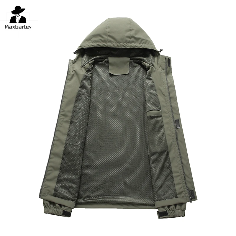 Jaqueta casual windproof masculina, costura na moda, impermeável, tamanhos grandes, esportes ao ar livre, camping, casaco de pesca, outono, 2021