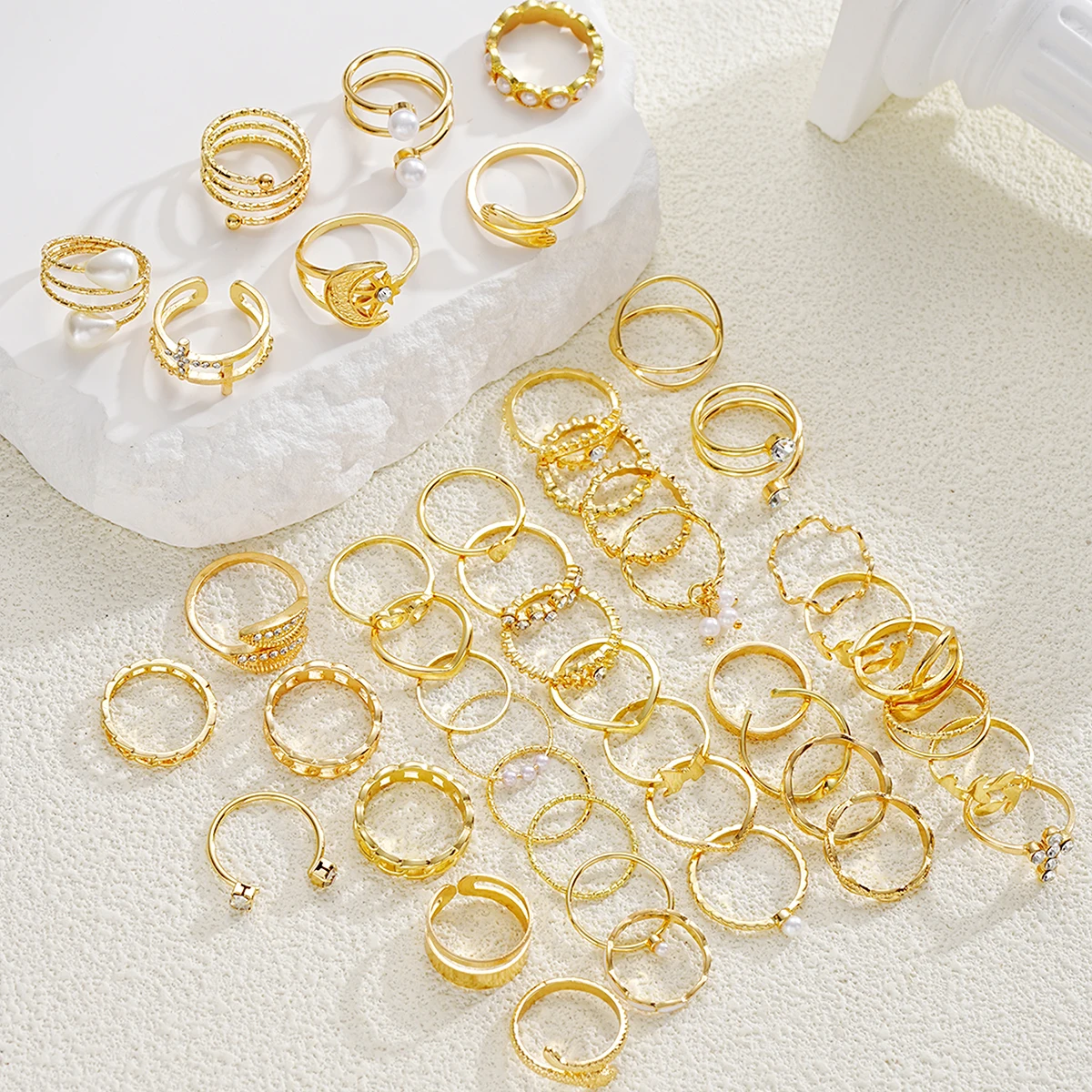 الذهب اللون زهرة اللؤلؤ ورقة تصميم المعادن المفصل خواتم مجموعة الإبداعية هندسية المشتركة خواتم للنساء مجوهرات حفلات الزفاف اليومية #5