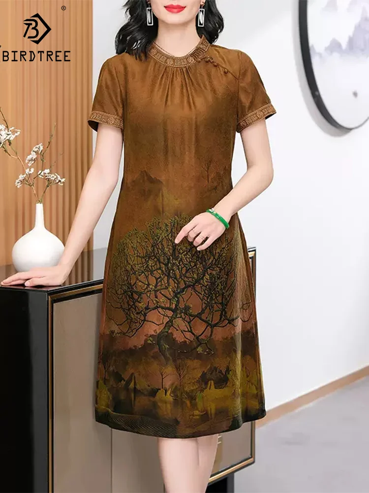 

BirdTree, 100%Real Silk Watered Gazue Elegant Dresses, Women Embroidery Printed, Vintage Chinese Dress, Spring Summer D44024QM