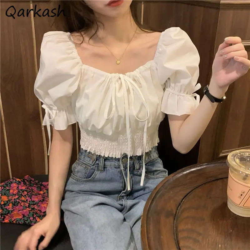 Blouses Women Summer Solid Retro Bandage Design Slim Sexy Crop Top Popular Fashion Korean Style Ladies Elegant New College Ins