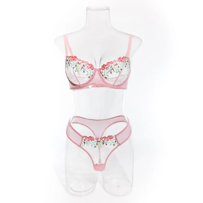 

Bikini thin sheer bra set with lace embroidery, small floral pattern, underwire, push-up, pure desire two-piece set