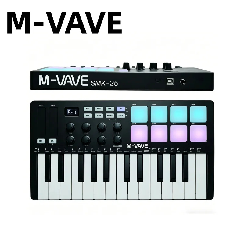 M-VAVE SMK-25 Black Portable MIDI Keyboard, 25 Keys, 8 RGB Pads, Wireless Piano Controller for Music Production, Studio & Live