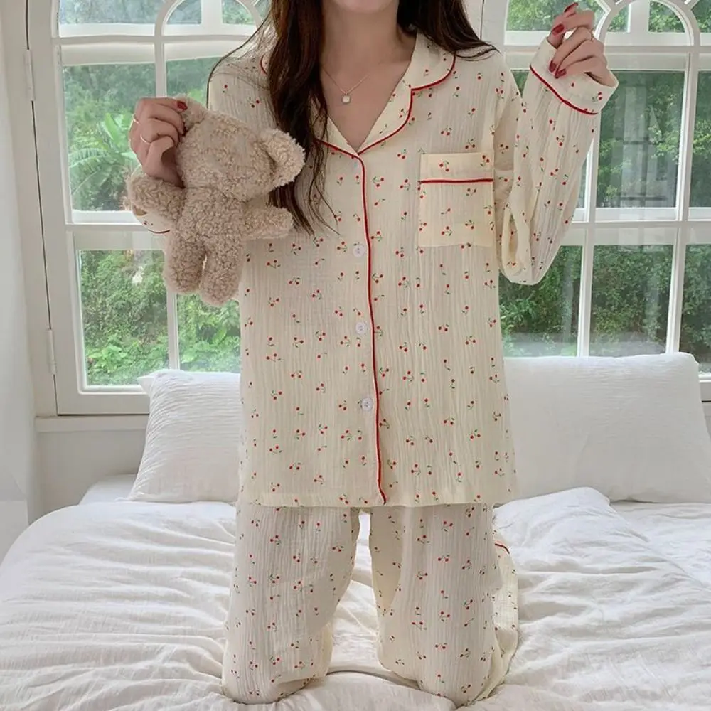 

Fashion Ruffle Cherry Pajamas Women Loose Nightdress Sweet Pajamas Suit Lapel Two Piece Nightwear Girl