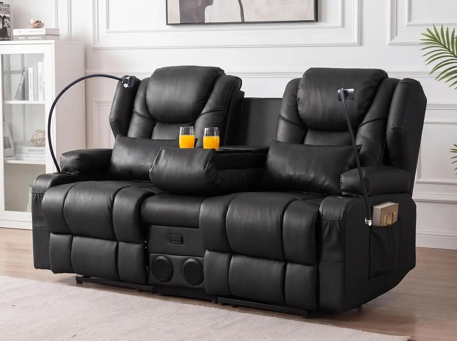 Massage Loveseat Recliner Manual Cup Holders & Storage Pockets Wall Hugger Living Room RV Theater Black PU Console, Customized