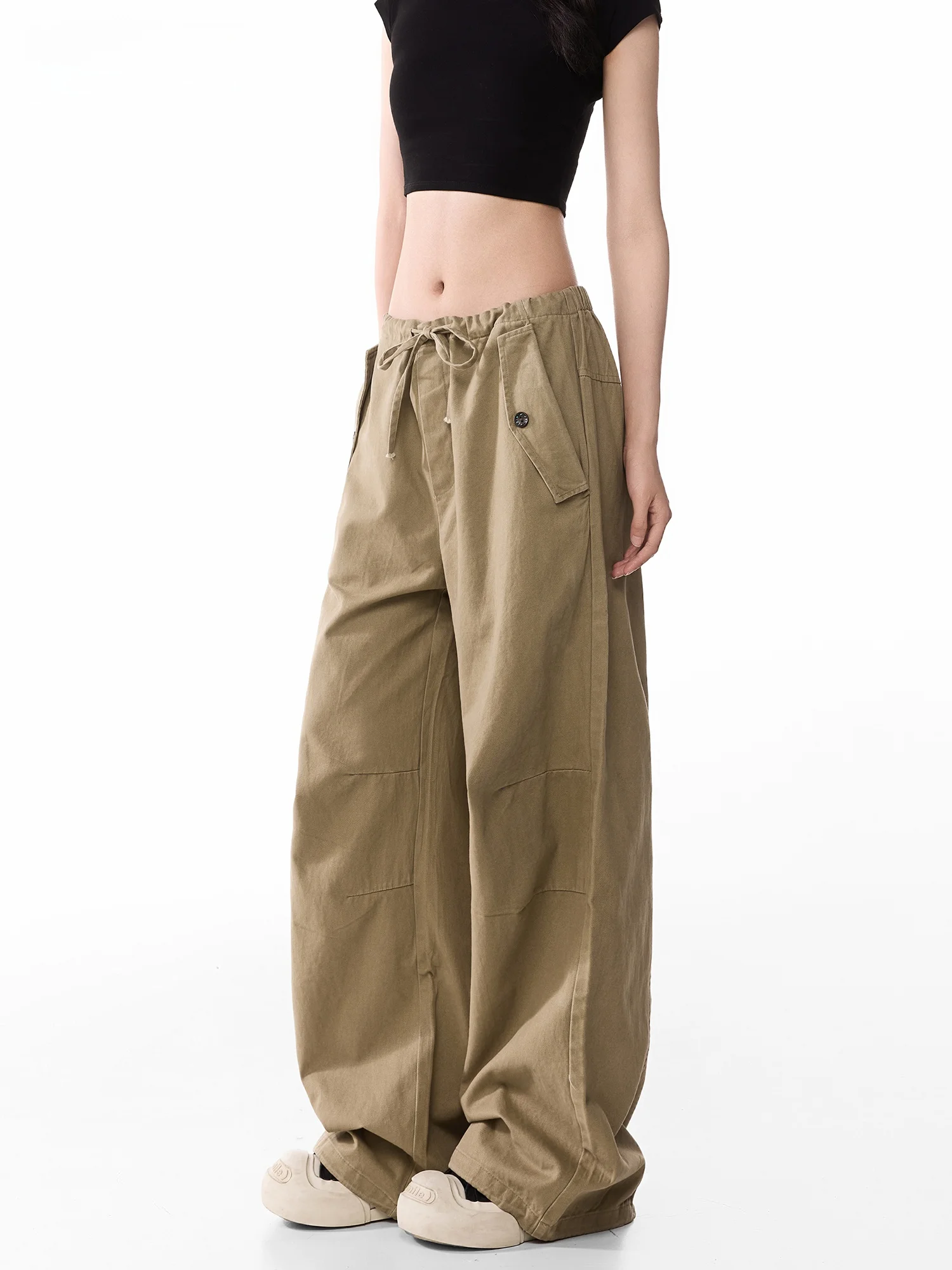 Summer Casual Cotton Pants Women's Design Elastic Waist Vintage Cuffed Straight Leg Wide Leg Workwear Trousers Street Style S...