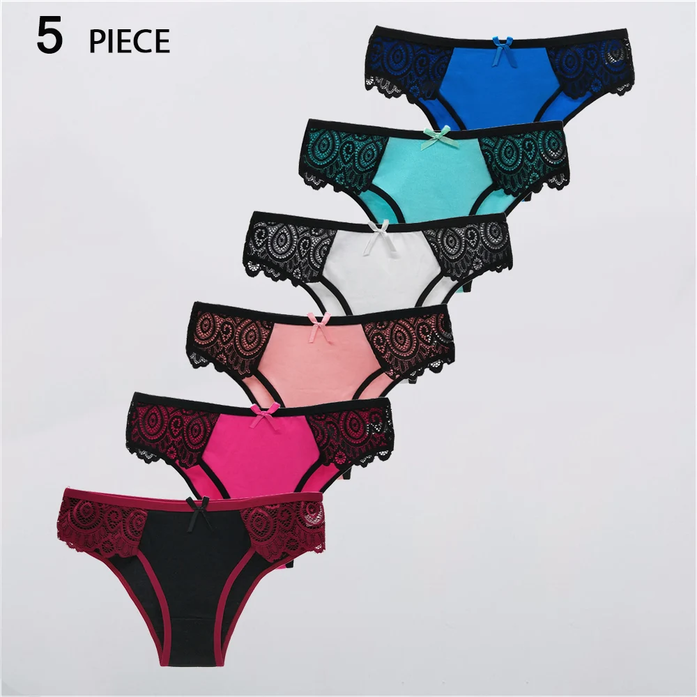 

Women's Cotton Panties Low-Rise Trendy Patchwork Lace Briefs Soft Underwear M-2XL Female Lingerie Set 5Pcs/set
