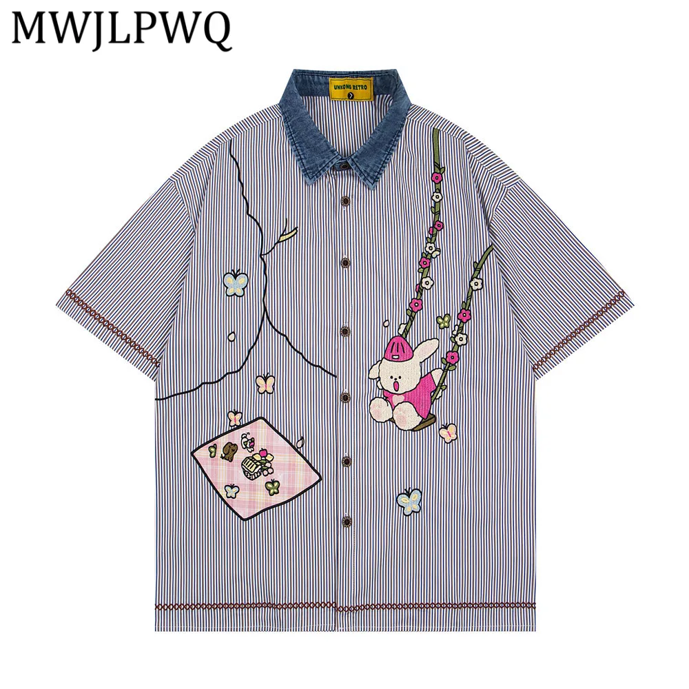 

Мужская рубашка MWJLPWQ с коротким рукавом, с тяжелой вышивкой и вертикальными полосками, однобортная, свободного кроя, в стиле хип-хоп, модный дизайн 13641