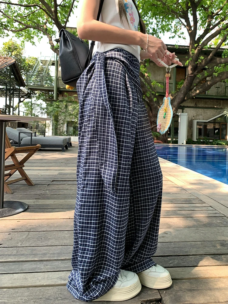 

Женские повседневные брюки COK с широкими штанинами, прямого кроя, летний дизайн, с завязками на талии, синие в клетку, тай-дай, повседневные брюки