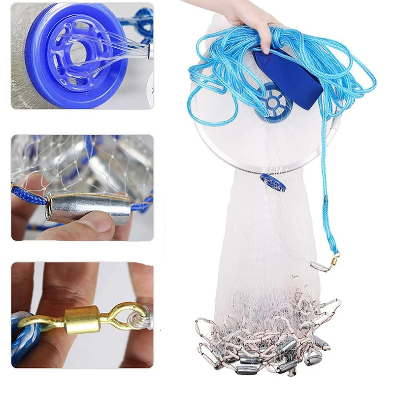 Lawaia Handgewebtes Fischernetz mit Aluminiumringen, Monofilament-Landungsnetz, Eisengewicht, Amerikanisches Angelzubehör – Detail 2