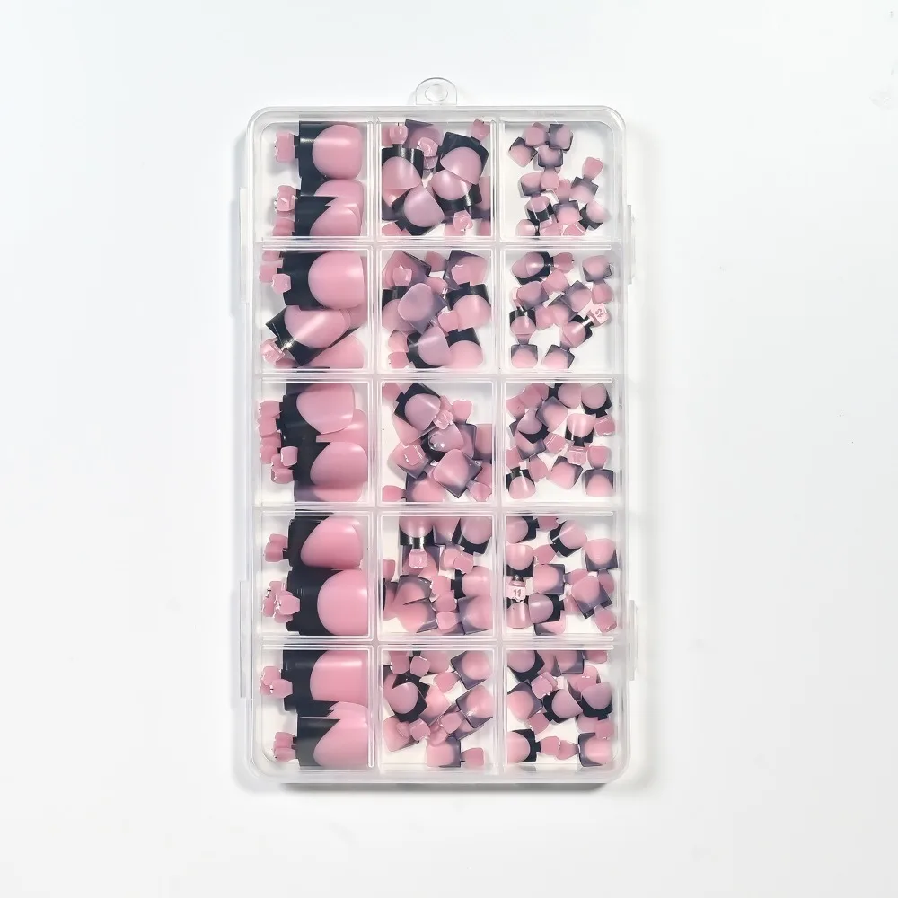 150pcs Short Square False Nails 15 Sizes White Edge Design Press on Toenails Toe Extension Purple-pink Short Tip Toenail