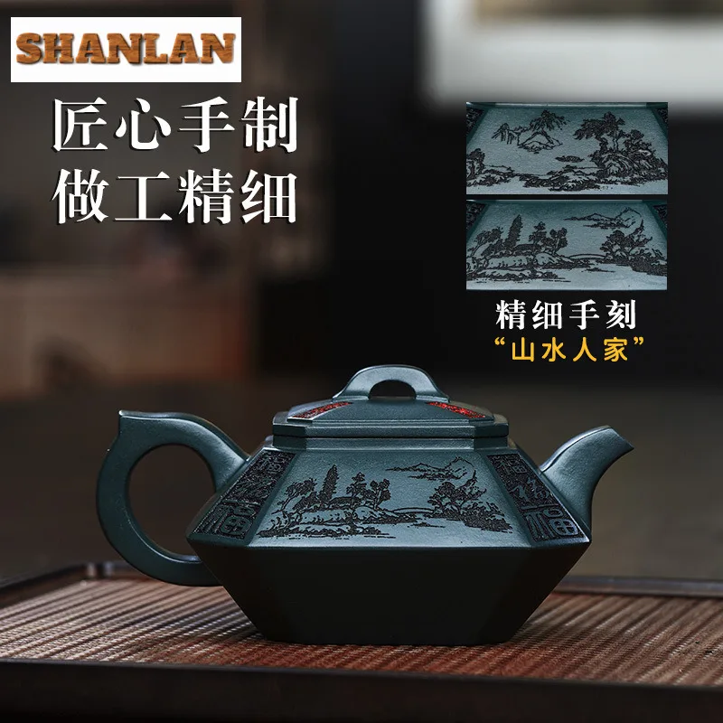 300ml Traditional Yixing Purple Clay Teapots Handmade Octagonal Pot Raw Ore Dark Green Mud Kettle With Infuser Zisha Teaset Gift