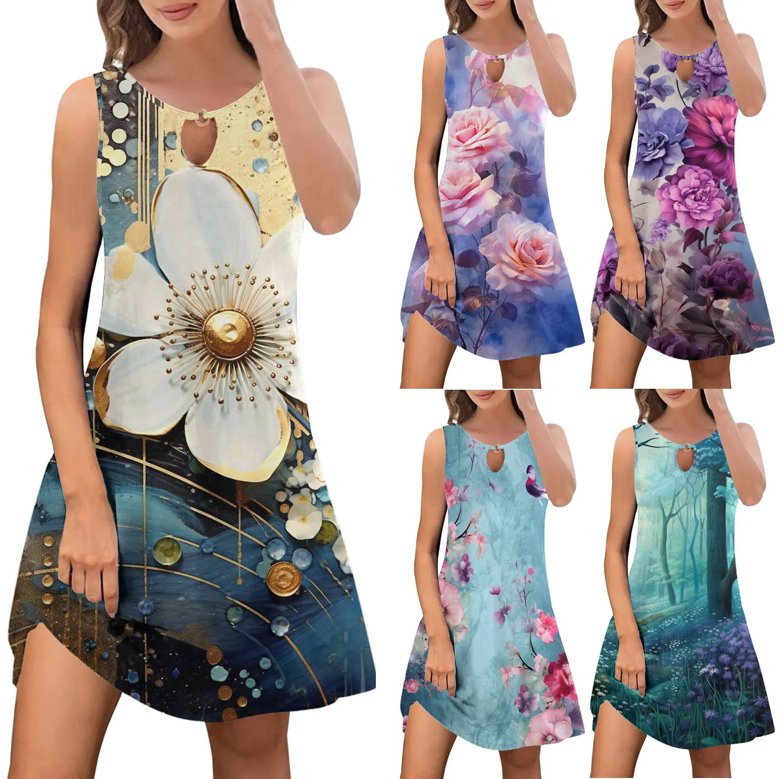 

Summer Dresses for Women 2024 Trendy Boho Floral Print Cover Up Crew Neck Sleeveless Fashion Sundresses Female Casual Dresses