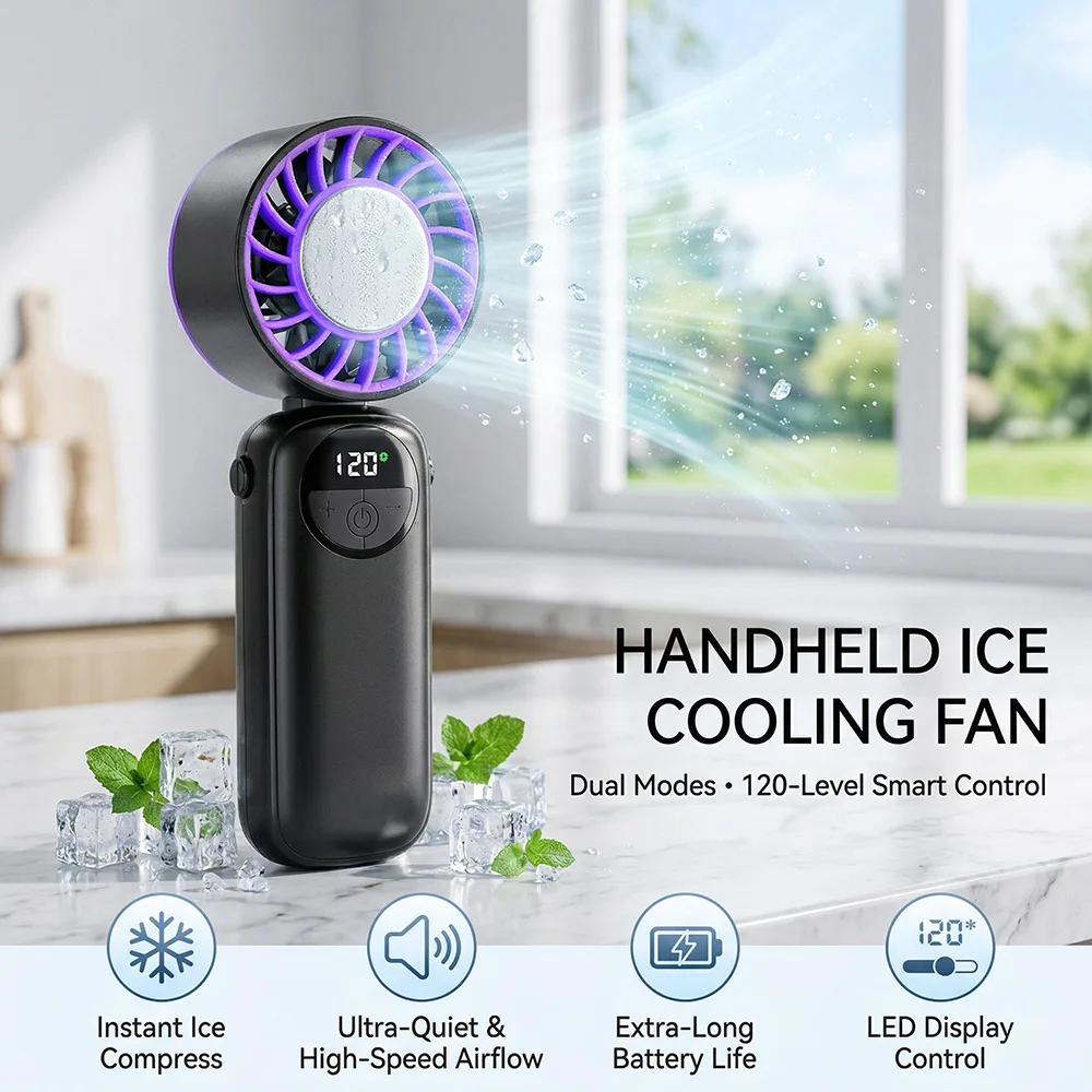 2026 Neuer USB-Aufladbarer Tragbarer Mini-Eispack Hochgeschwindigkeits-Handventilator für Sommer Büro Reise Outdoor-Nutzung