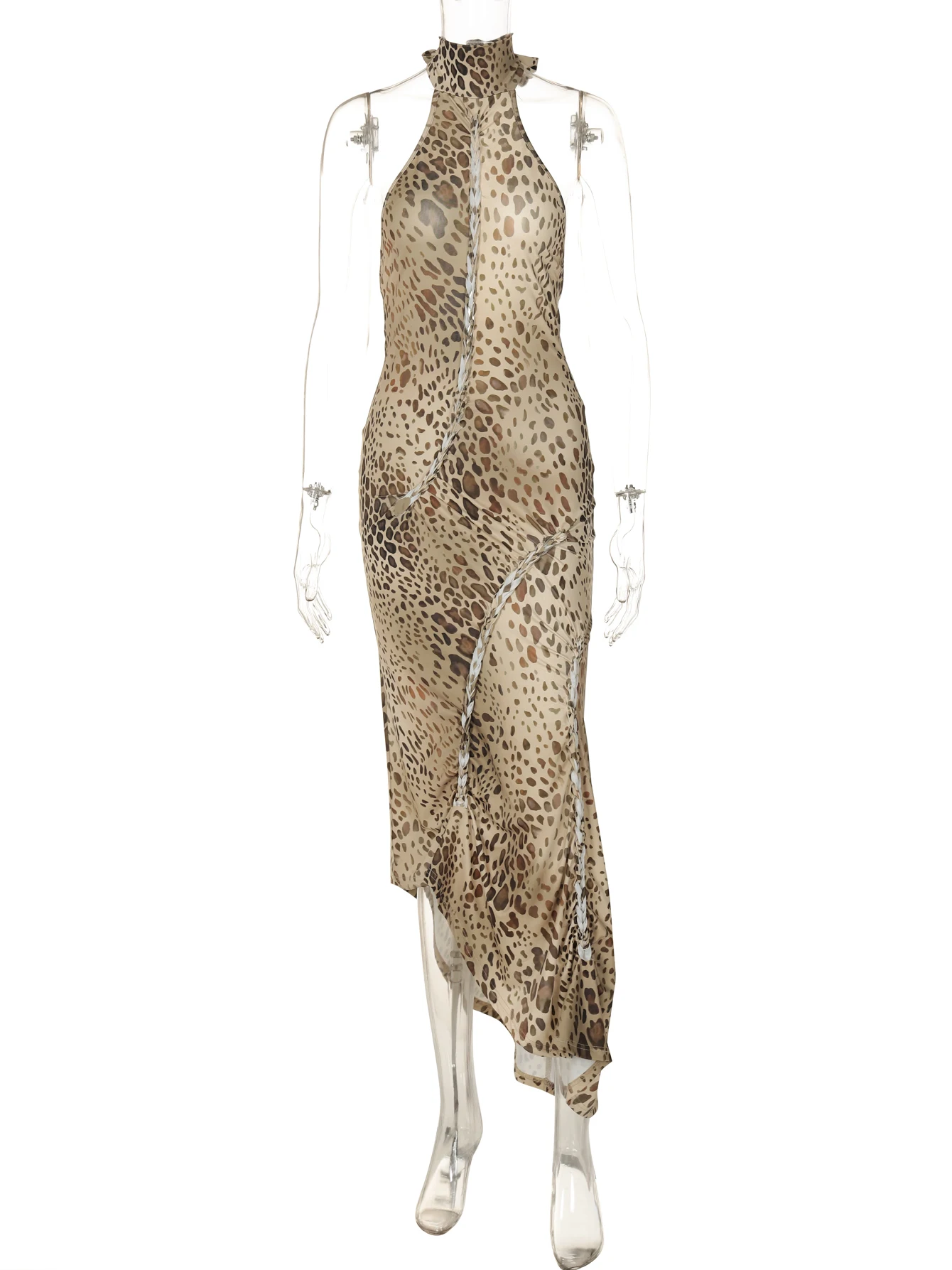 Hugcitar-Leopard طباعة الياقة المدورة بلا أكمام فستان ضمادة عارية الذراعين ، قطع الشق ، فستان طويل مثير ، ملابس عطلة ، أزياء ملهى ليلي