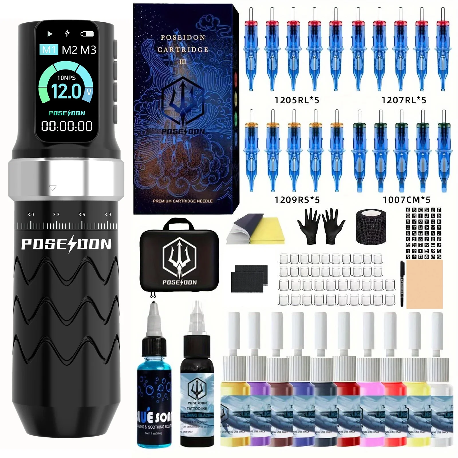 POSEIDON Tattoo Kit Or Tattoo Machnie For Permanent Makeup Tattoo Machine Kit Adjustable Stroke Tattoo Power Supply Tattoo Gun
