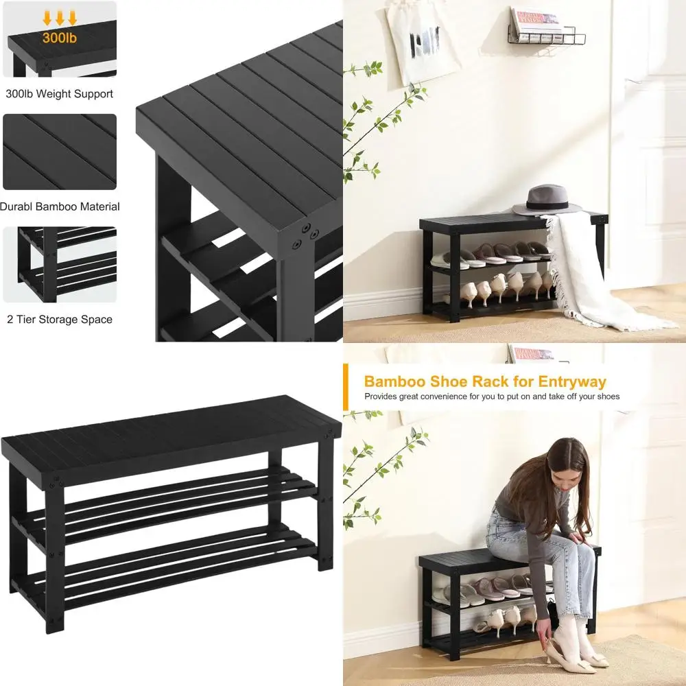 

3-х уровневая бамбуковая полка для обуви, органайзер для хранения в прихожей 35,4, черный