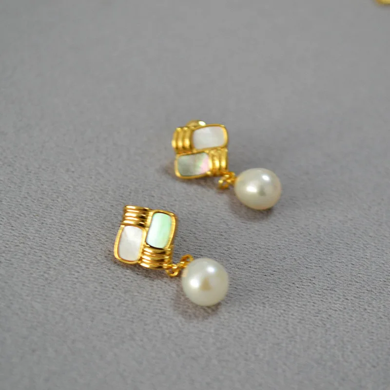 Geometric square colorful shell freshwater pearl stud earrings elegant lady tender drop ear accessory