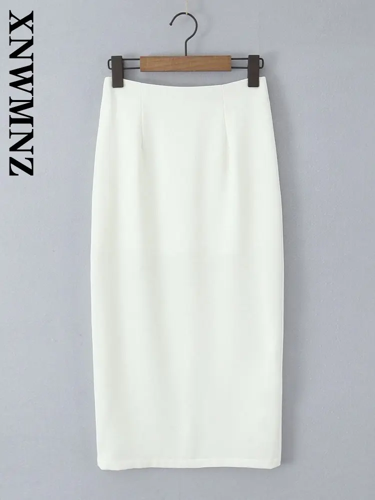 

XNWMNZ 2025 весенняя женская шикарная универсальная юбка-миди с запахом, вечерняя модная летняя женская белая повседневная тонкая юбка с разрезом на молнии