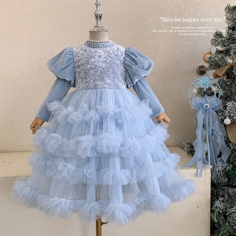 

Осень-зима, новинка 3, 4, 5, 6, 8, 10, 12 лет, детское сетчатое однотонное лоскутное платье с круглым вырезом для маленьких девочек, кружевное платье