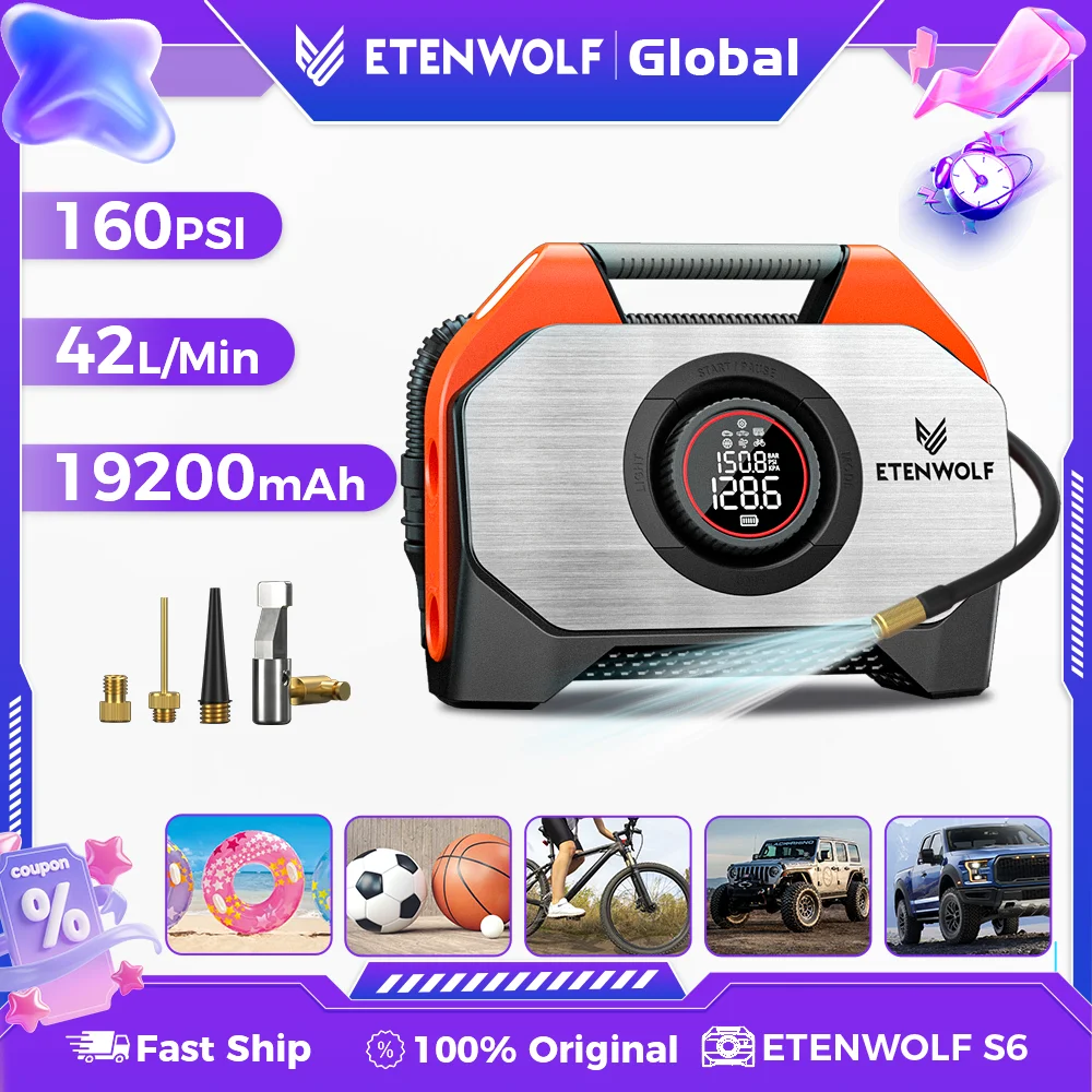 ETENWOLF S6SE Portable Tire Inflator 15600 mAh Car Compressor 42L/Min Fsat Inflation 100% Duty Cycle Air Pump For Pickups Cars