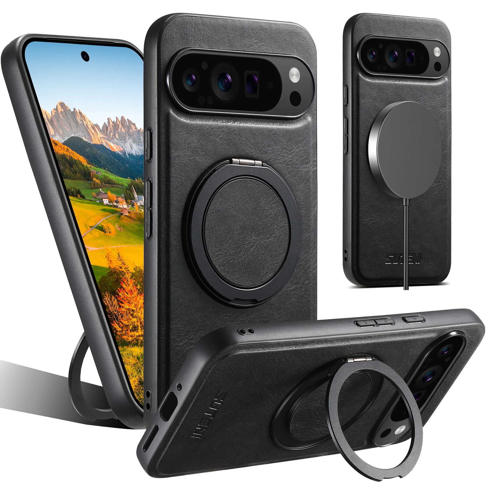 SUTENI PU-Leder-Ölwachs-kompatible Handyhülle für kabelloses Laden, 360° °   Drehbare Standschnalle für Google Pixel 9XL 8Pro 7A 6